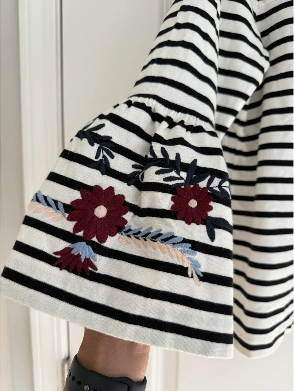 J.Crew Women’s Striped Floral Embroidered Bell Sleeve Top Size L French Nautical